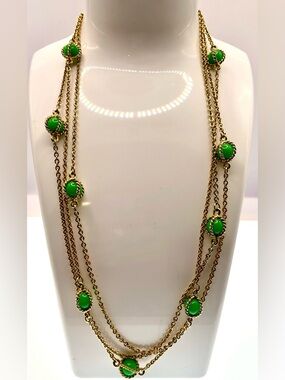 Vintage Gold Tone Long Chain Necklace Round Green Stations Layering Statement